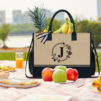 Personalized Initial Jute Tote Bag with 5 Pockets (Black/Brown - Wreath J)