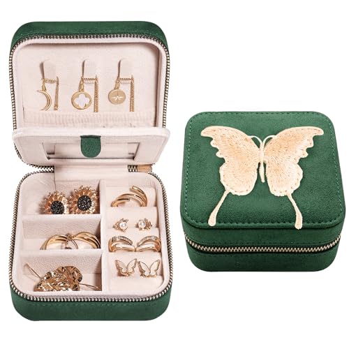 Travel Jewelry Organizer Boxes for Women Small Portable Necklace Earrings Bracelet Rings Travel Case Best Friend Birthday Gifts for Women Trendy (Butterfly_Green_Gold)
