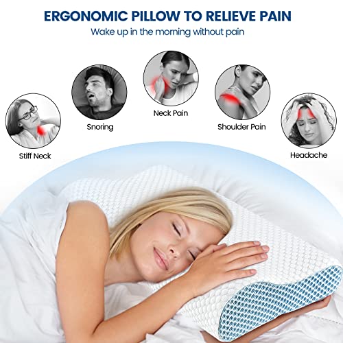 Neck Pillow Contour Memory Foam Pillows for Pain Relief Bed Pillow for Sleeping (White&blue)