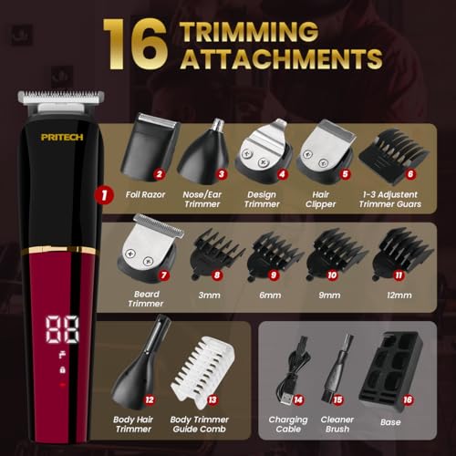 6-in-1 Men's Grooming Kit, Cordless Beard Trimmer, Hair, Nose & Ear (Red)