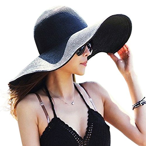 Beach Hats for Women Big Straw Wide Brim Summer Hat Floppy Foldable Roll up Cap Sun Hat UPF 50+ (Straw Fedora: Black, 4.7" Brim, 1 Pack)