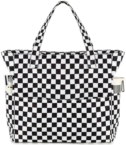Waterproof Beach Tote Pool Bags for Women Ladies Extra Large Gym Tote Carry On Bag With Wet Compartment for Weekender Travel (Checked Black White)