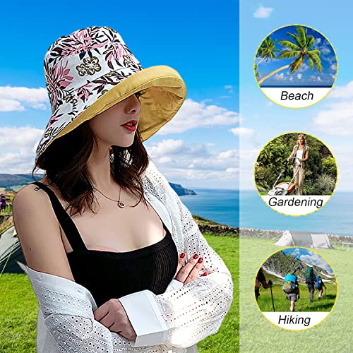 Women Floral Reversible Wide Brim Sun Hats Wired Edge Summer UPF Hat for Beach Hiking Garden Travel Lawn Work Chin Strap (Medium / Qf002-yellow)