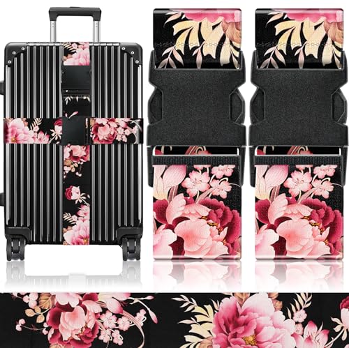 Luggage Straps for Suitcases Travel Belt Accessories Luggage Connector Identifiers Over Handle with Buckle Unique Nylon Adjustable Strap for Sleeping Bag Car Seat Black (Black Flower)