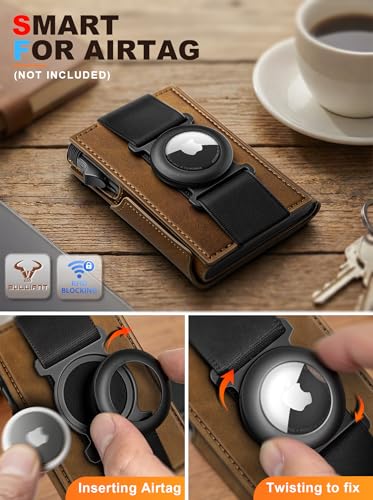 Men Airtag Leather Wallet Metal Case Money Clip (Tiger Eye4328)