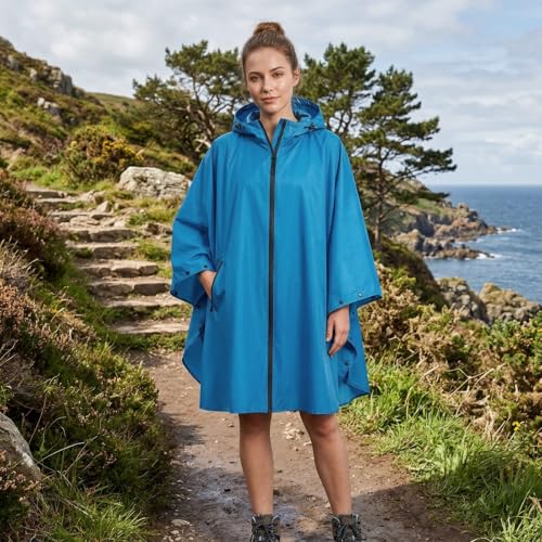 Rain Poncho Jacket Coat Hooded Zipper Style for Women (One Size / Peacock Blue)