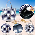 Waterproof Beach Tote Pool Bags for Women Ladies Extra Large Carry On Bag With Wet Compartment for Weekender Travel (Dark Blue White Checkered)