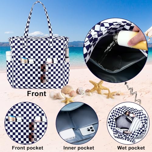 Waterproof Beach Tote Pool Bags for Women Ladies Extra Large Carry On Bag With Wet Compartment for Weekender Travel (Dark Blue White Checkered)