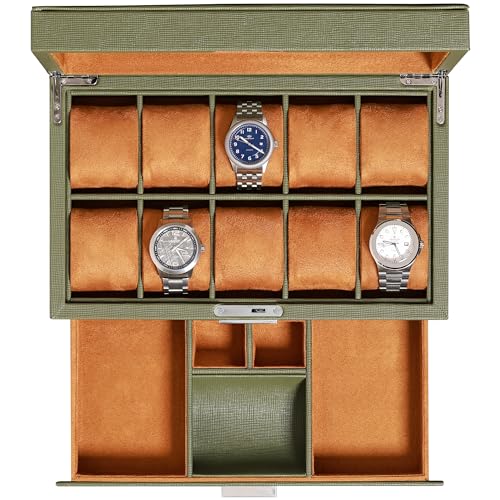10 Slot Watch Box in Leather with Valet Drawer (Green/Tan)