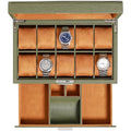 10 Slot Watch Box in Leather with Valet Drawer (Green/Tan)