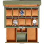 10 Slot Watch Box in Leather with Valet Drawer (Green/Tan)