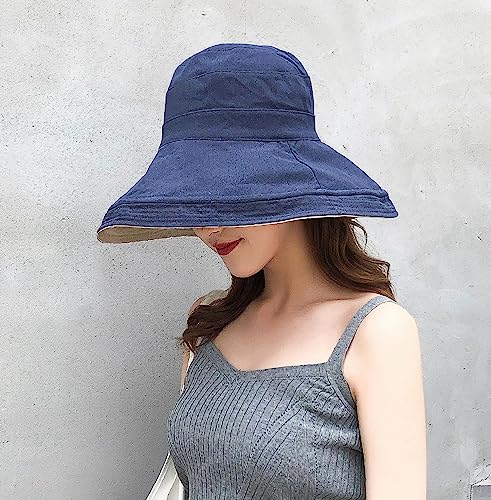 Women Summer Wide Brim Sun Hat Bucket Fishing Hats UV Protection (One Size / Lant001-navy)