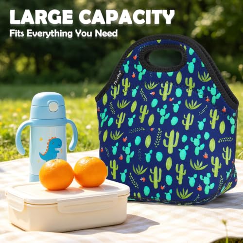 Neoprene Lunch Tote Insulated Thermal Reusable Lunch Bag Box for Boys Men with Zipper (Cactus)