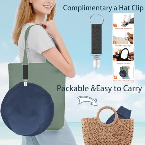 Womens Sun Hats Wide Brim Reversible Bucket Cotton Hat Packable Summer Travel Cap with Hat Clip (Medium / Navy Blue2)