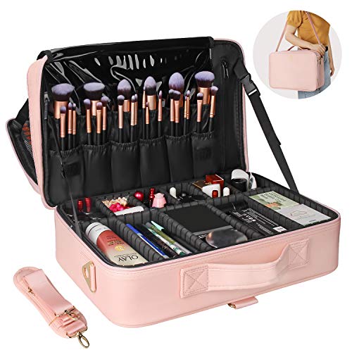 Makeup Case Large Makeup Bag Professional Train Case 16.5 inches Travel Cosmetic Organizer Brush Holder Waterproof Makeup Artist Storage Box (Large / Pink)