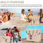 Waterproof Beach Tote Pool Bags for Women Ladies Extra Large Gym Tote Carry On Bag With Wet Compartment for Weekender Travel (A Checked Brown White)