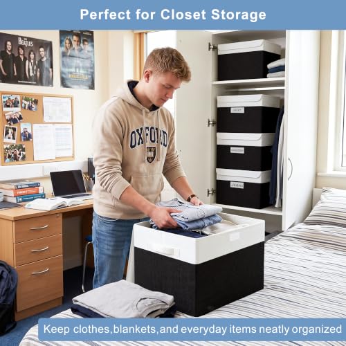 Large 17" 42 Quarts Collapsible Stackable Storage Bins with Lids [3 (Black & White / Large - 3 Pack)