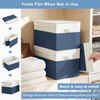 Large 22 Quart Linen Fabric Foldable Storage Bin Cube Organizer Basket with Flip (Navy Blue & White / Medium - 4 Pack)