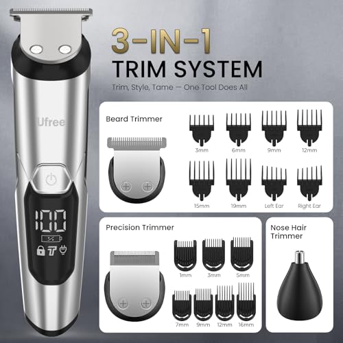3-in-1 Beard Trimmer for Men, IPX6 Waterproof Electric Razor Shaver (Silver)