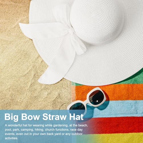 Womens Big Bowknot Straw Hat Foldable Sun Hats Floppy Beach Hat Large Roll up Cap UPF 50+ (White / 5.5" Brim, 1 Pack)