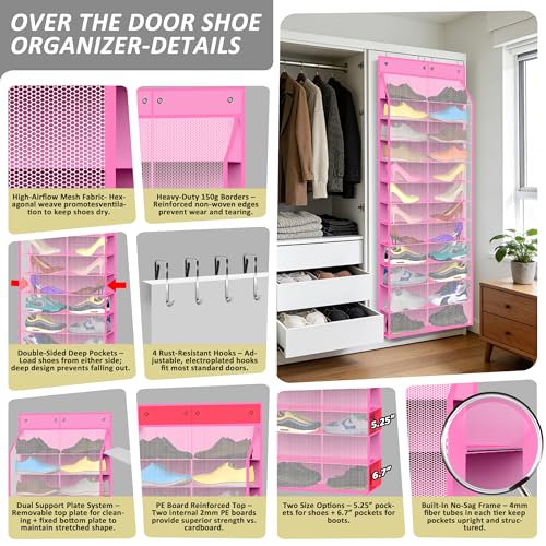 24 Pair Over Door Shoe Organizer for Family & Kids (12-Tier / 24 Rose Quartz)