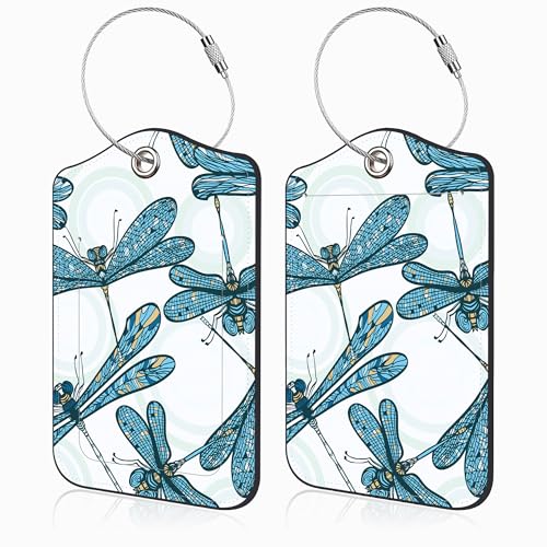 2 Pack Luggage Tags for Suitcases Vintage Blue Dragonflies Leather Luggage Tags Privacy Cover ID Label with Stainless Steel Loop and Address Card for Women Men Travel Bag Backpack (Vintage Blue Dragonflies)
