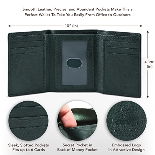 Leather Trifold Wallets For Men with ID and RFID Blocking Crafted with Buffalo Top Grain Cowhide Premium Leather (Wild Buffalo Meadow - Green)