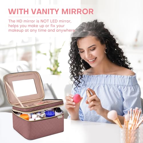 Large Makeup Bag with Mirror Double Layer Travel Make Up Organizer Case (Rosewood)