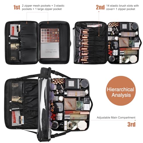 Extra Large Makeup Case with Plastic Dividers Washable and Easy to Clean (Black with Plastic Dividers / Extra Large)