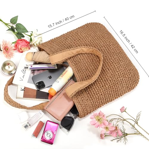 Straw Beach Bags for Women Straw Woven Beach Tote Bag Casual Boho Large Shoulder Handbags Purse for Vacation Holiday Picnic (E Khaki)