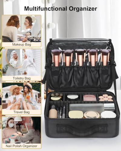 Makeup Bag Travel Makeup Train Case Large Capacity Cosmetic Case Professional Portable Makeup Brush Holder Organizer and Storage Box with Adjustable Dividers Black (Small / Black)