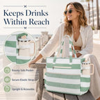 Waterproof Beach Tote Pool Bags for Women Ladies Extra Large Carry On Bag With Wet Compartment for Weekender Travel (Green White Stripe 5cm)