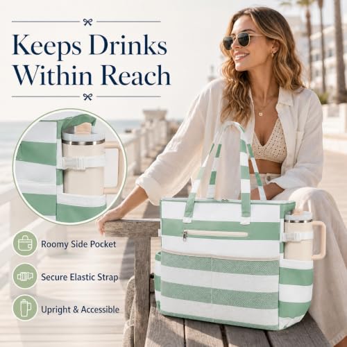 Waterproof Beach Tote Pool Bags for Women Ladies Extra Large Carry On Bag With Wet Compartment for Weekender Travel (Green White Stripe 5cm)