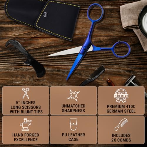 5" Beard & Mustache Scissor with Combs for Men (Midnight Blue)