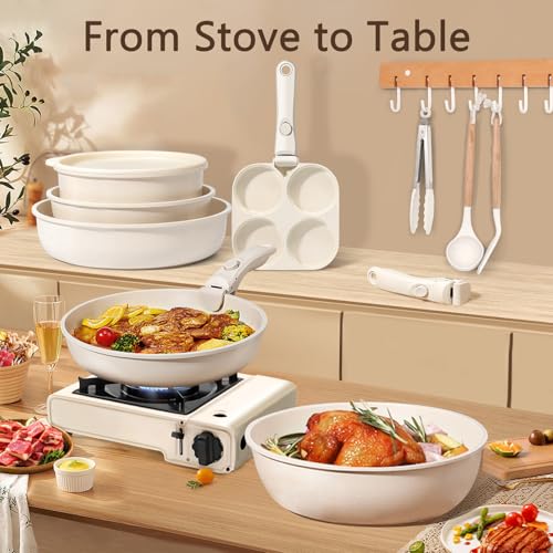 21PCS Pots and Pans Set Nonstick Cookware Set with Detachable Handle (Cream White / 21PCS-Big Size)