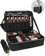 Makeup Case Large Makeup Bag Professional Train Case 16.5 inches Travel Cosmetic Organizer Brush Holder Waterproof Makeup Artist Storage Box (Large / Black Leather)