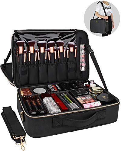 Makeup Case Large Makeup Bag Professional Train Case 16.5 inches Travel Cosmetic Organizer Brush Holder Waterproof Makeup Artist Storage Box (Large / Black Leather)