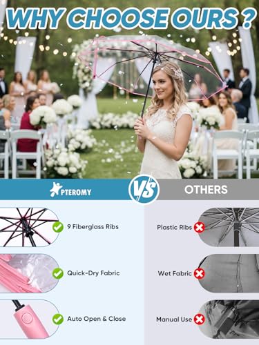 Windproof Travel Umbrellas for Rain and Sun (Clear-Pink / 1 PK)