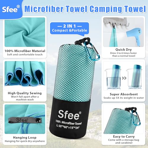 2 Pack Microfiber Travel Towel (L 60"x30"+24"x15" / Mint)