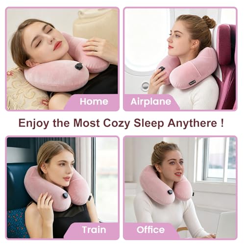 Inflatable Travel Neck & Shoulder Pillow for Airplanes&Long Trips (Pastel Pink / Medium)