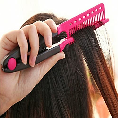 EasyGlide-V Hair Straightener and Detangler - Rat Tail Style V-Comb for Sectioning, Flat Ironing, Blow Drying, Keratin Comb for Tangled Hair, Spring Grip, Heat Resistant (Pink)