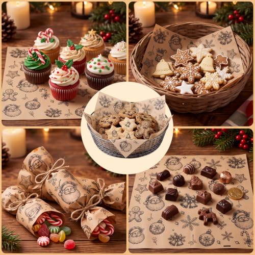 100 Pcs Christmas Wax Paper Sheets for Food Wrapping (Khaki / Christmas Lovely)