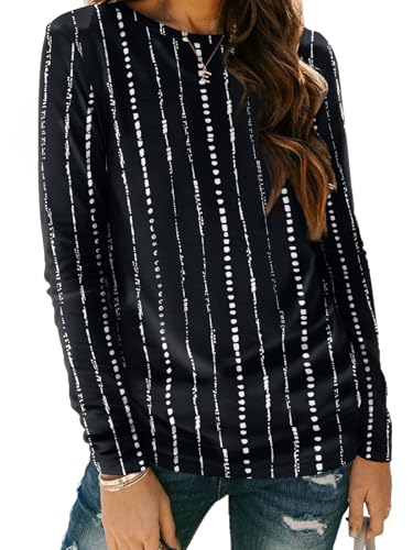 Long Sleeve Shirts for Women Casual Crewneck Tops Basic Tees (Large / Blackdotline)