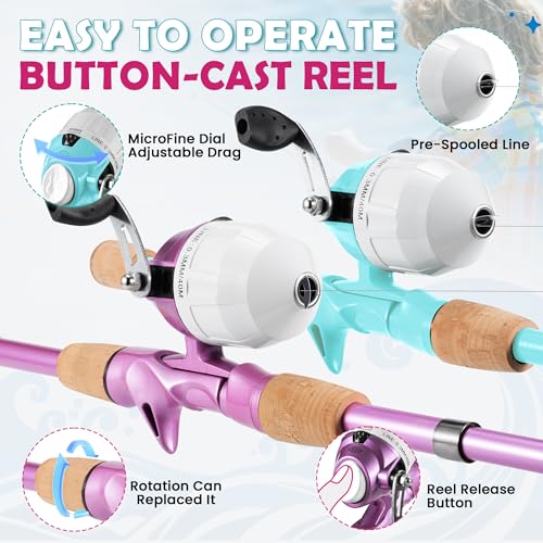 Kids Fishing Pole 2 Pack (Mint Blue+Metallic Pink)