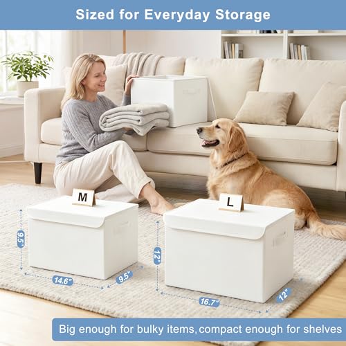 Large 22 Quart Linen Fabric Foldable Storage Bin Cube Organizer Basket with Flip (White / Medium - 4 Pack)
