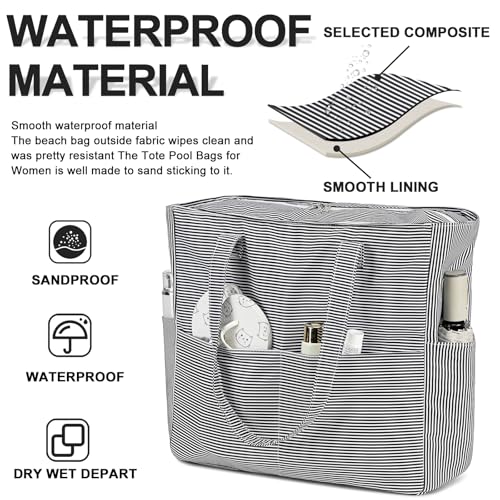 Waterproof Beach Tote Pool Bags for Women Ladies Extra Large Gym Tote Carry On Bag With Wet Compartment for Weekender Travel (Black White Fine Stripes)
