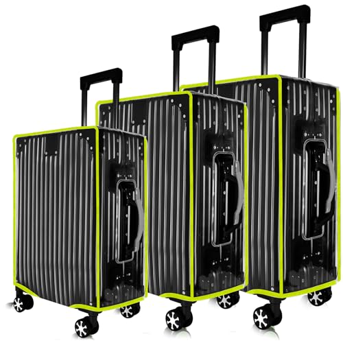 3Pcs Thicken Clear Luggage Cover (Clear-Green Frame / 20"+24"+28")