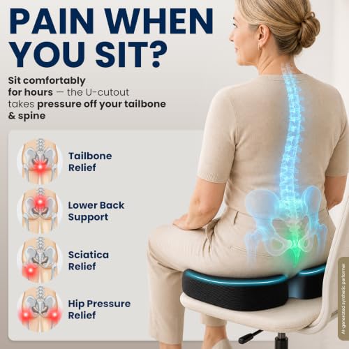 Seat Cushion Memory Foam Chair Cushion for Tailbone Pain Relief (Black / Large)