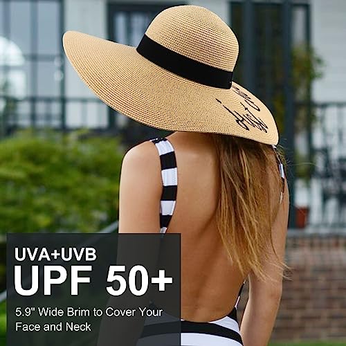 Big Straw Sun Hats for Women Floppy Foldable Roll up Beach Cap Sun Hat UPF 50+ Vacation Honeymoon Embroidered Hat (Ae Just Chillin: Khaki)