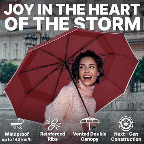 Compact Travel Umbrella for Rain (Dark Red)